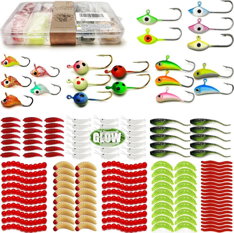 VMSIXVM 150/160/170Pcs Ice Fishing Jigs Lures Soft Plastic Worm Baits Kit, Micro Glow Winter Jig Heads Hooks for Walleye Crappie Panfish Trout, Ice Fishing Gear Equipment Tackle Accessories - Image 1